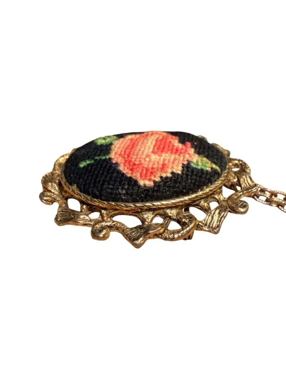 Vintage Needlepoint Rose Necklace Brooch Gold Tone Floral Convertible Pendant
